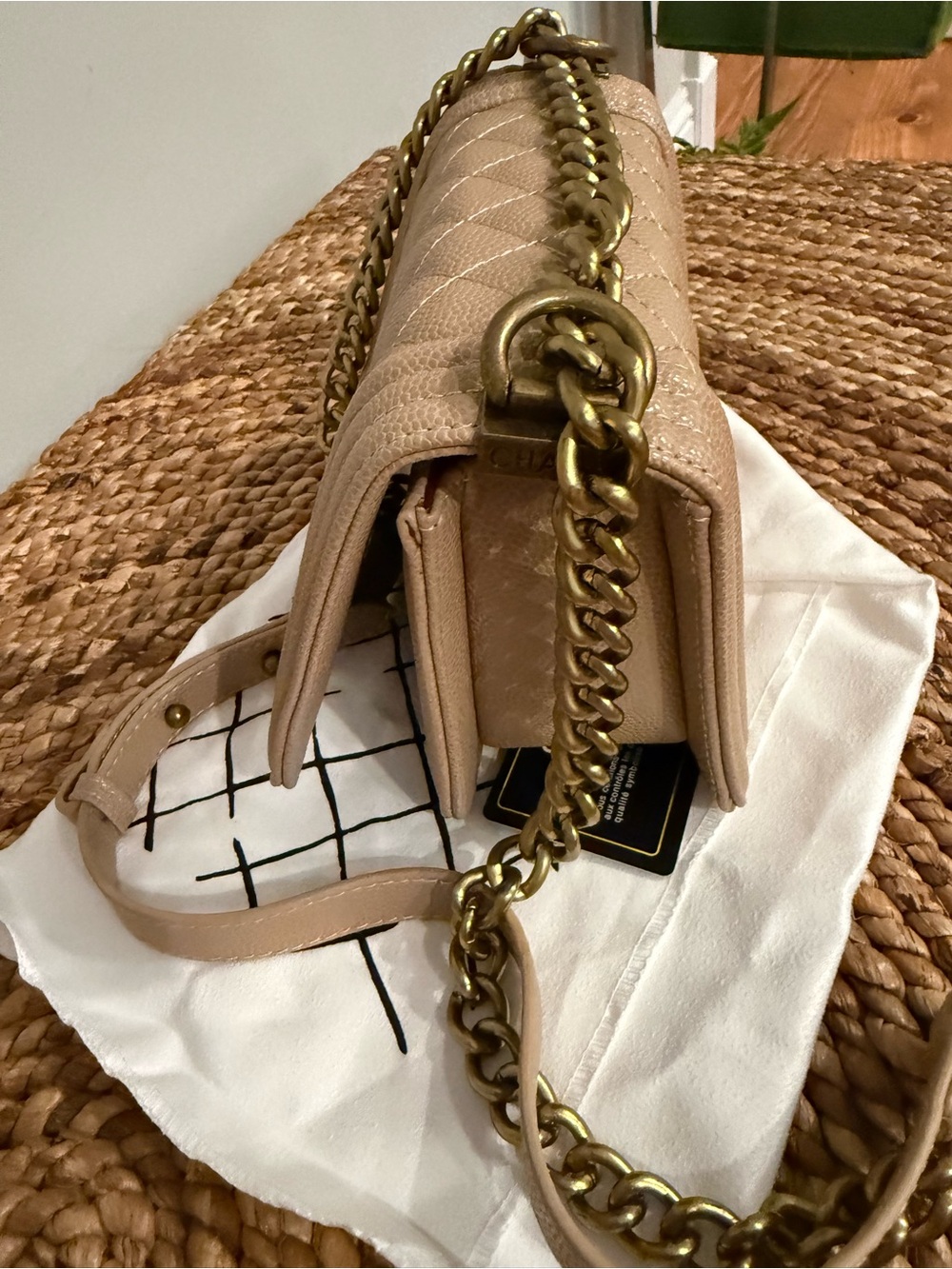 Beige Quilted Leather Boy Shoulder Bag with Gold Chain - Picture 2 of 10